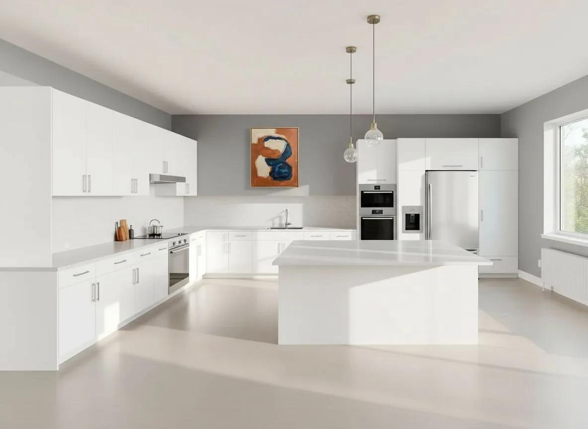 A framed abstract painting hung on a bare kitchen wall: after