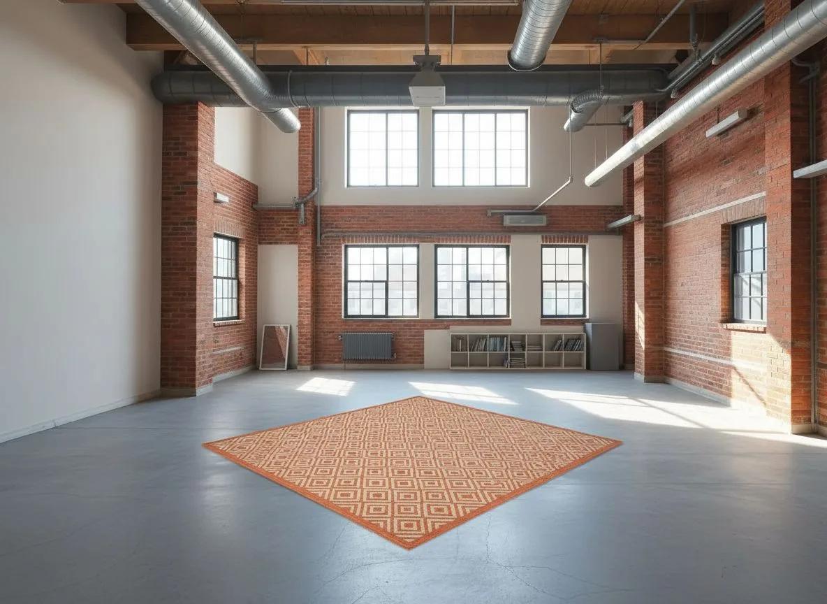 A terracotta geometric rug placed onto a bare loft floor: after