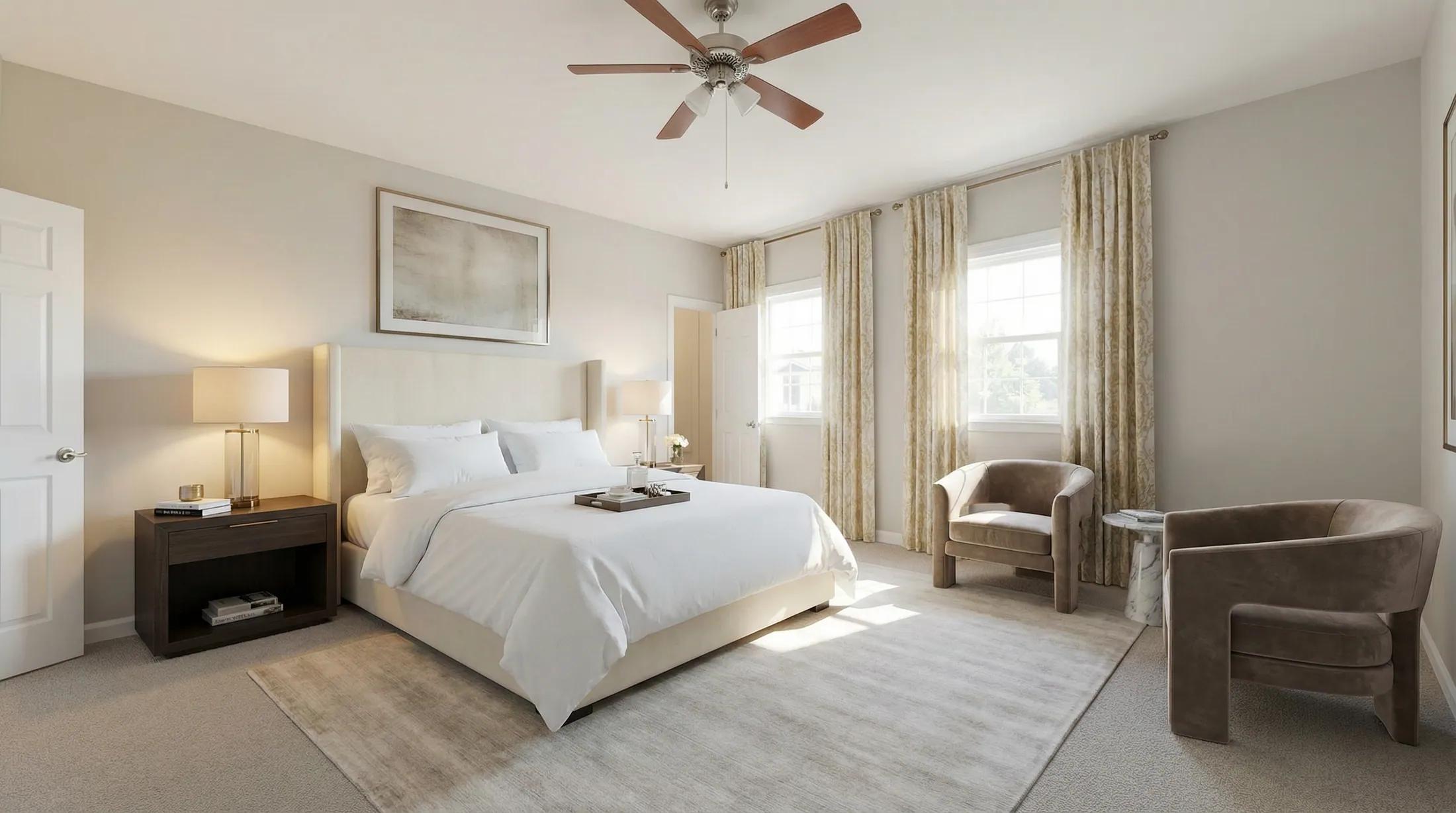 An empty bedroom staged in a luxury style: after