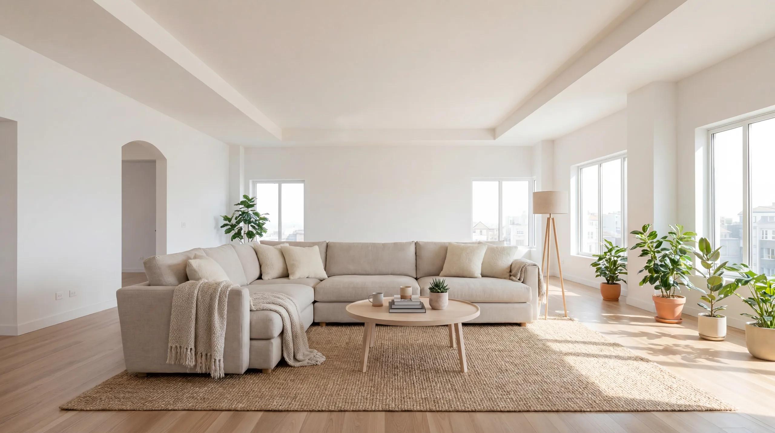 An empty room virtually staged in a Scandinavian style