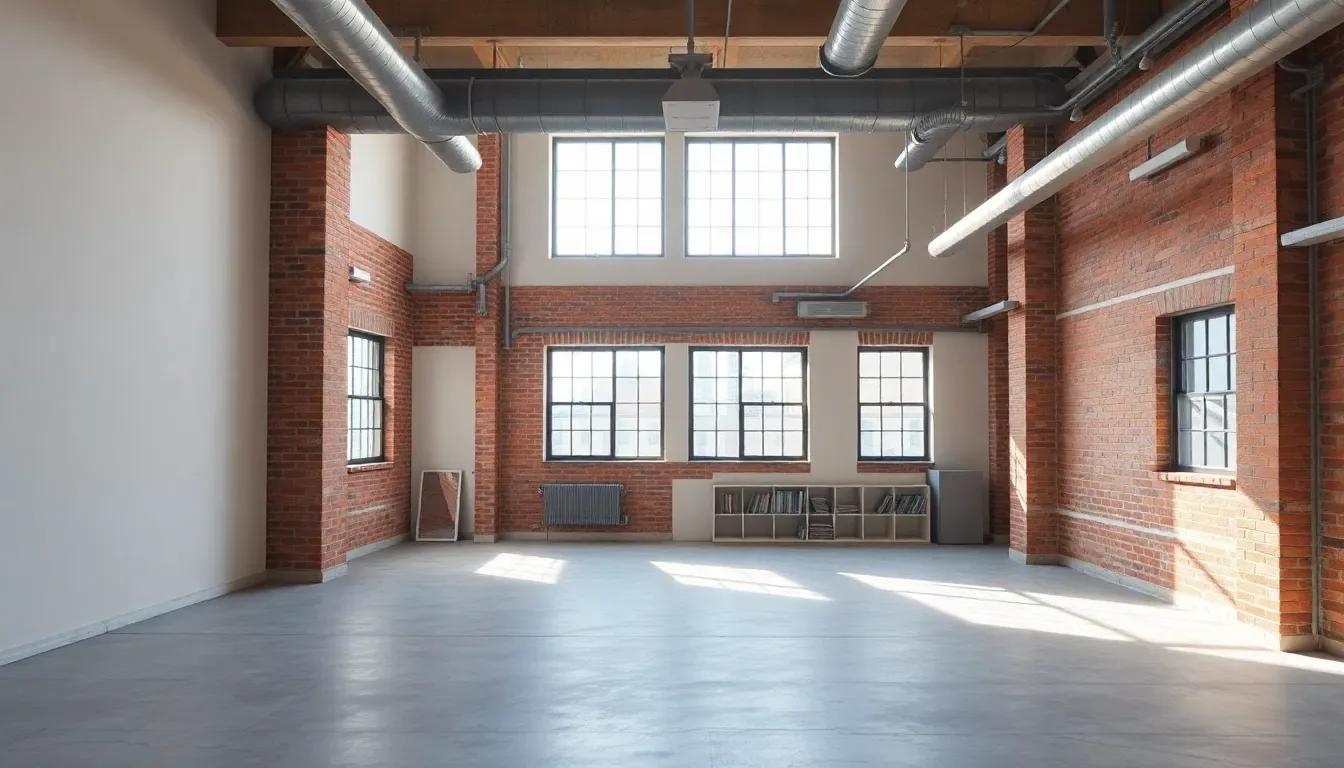A terracotta geometric rug placed onto a bare loft floor: before