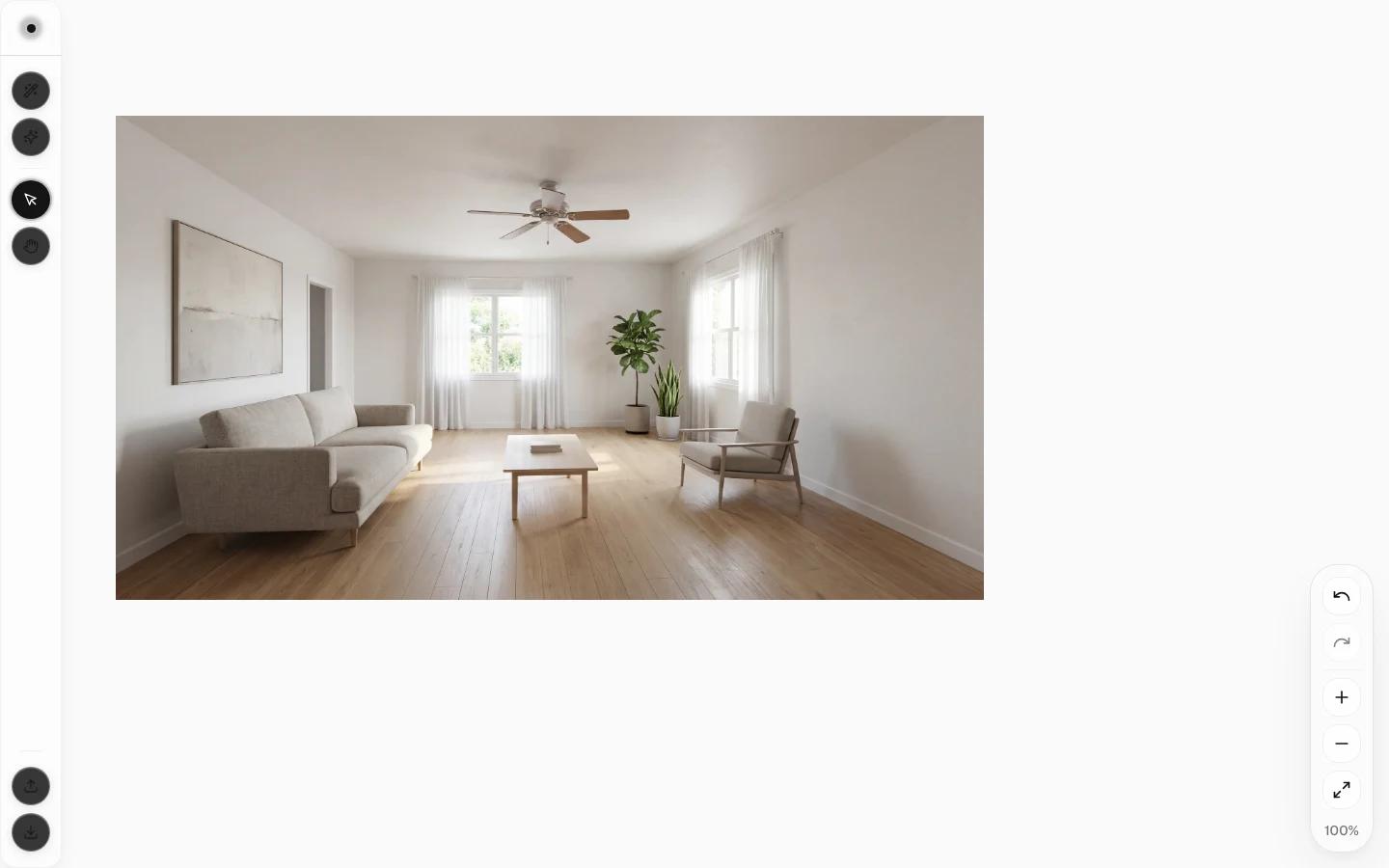 Renovaitor canvas editor with a living-room image and editing controls.