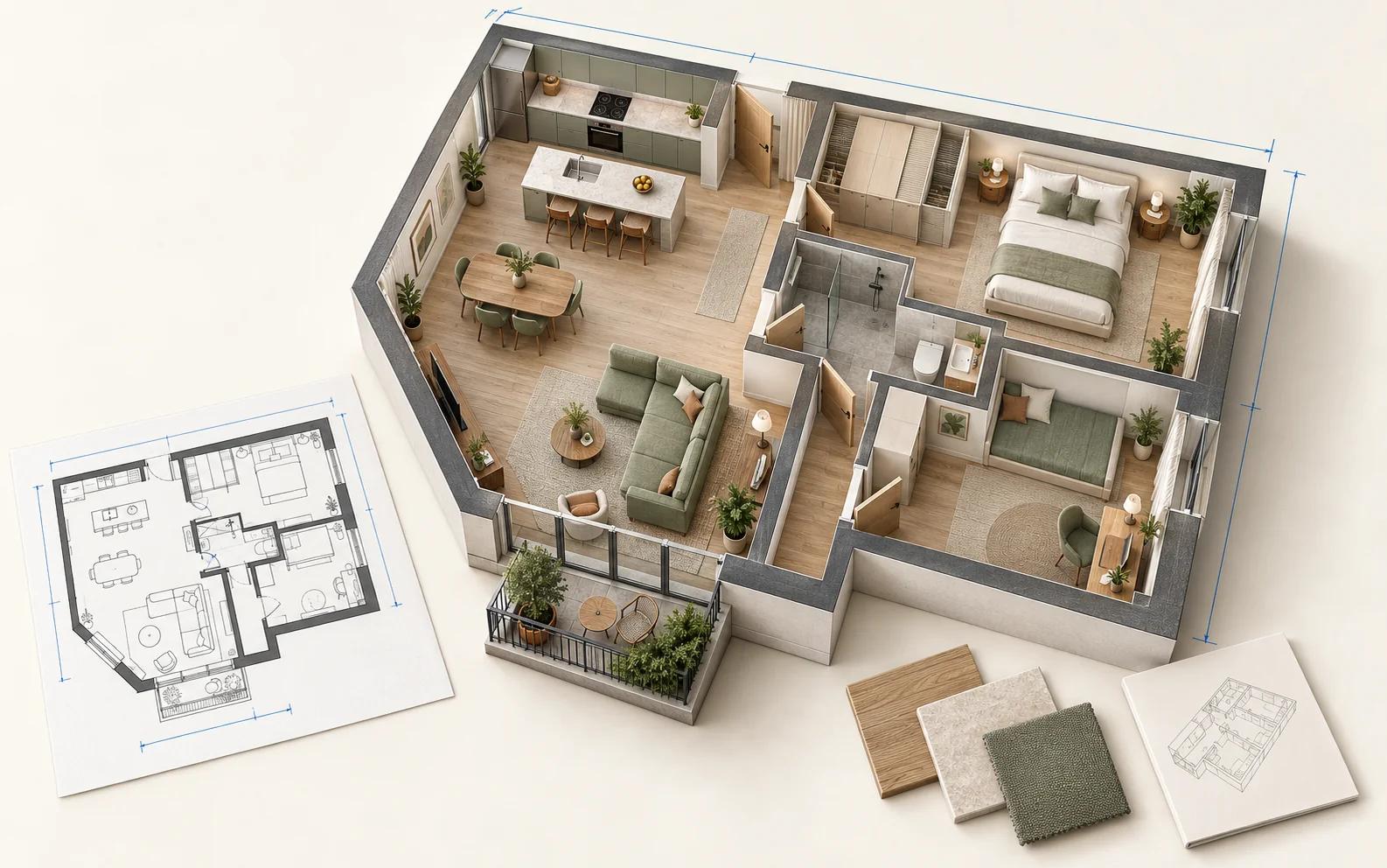 Illustrated two-bedroom apartment concept with a furnished 3D cutaway, a 2D floor plan, a balcony and material samples.