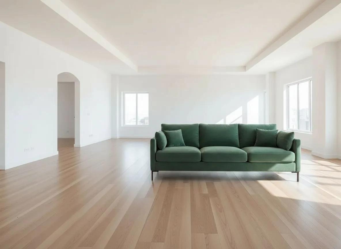 A green velvet sofa from a product listing photo, placed into an empty living room by AI